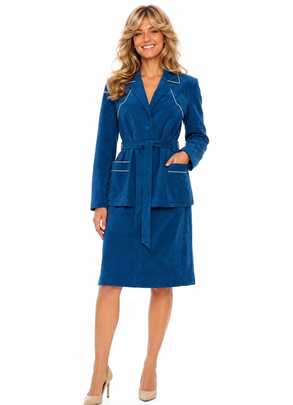Vintage ‘70s Dark Teal Suede Blazer + Belted Single Breasted Skirt Suit